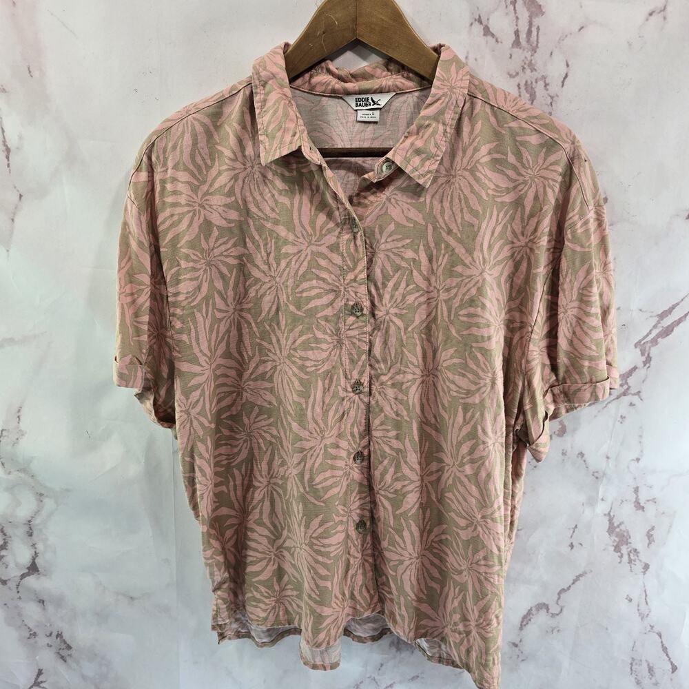 Eddie Bauer Shirt Womens Large Pink Beige Tan Camp Button Short Sleeve Palm Boxy
